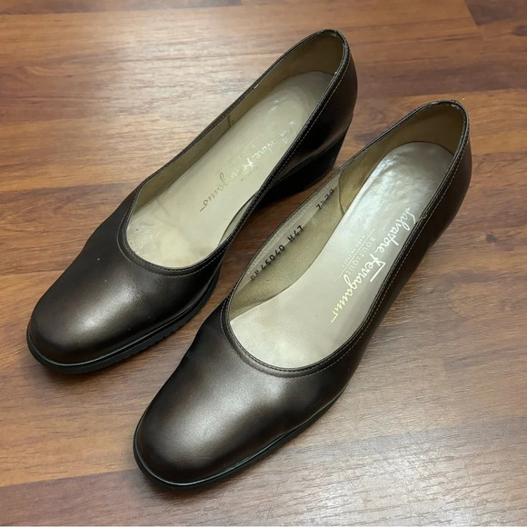 Salvatore Ferragamo Shoes - Salvador Ferragamo Bronze Leather Wedges Slip On Heels Size 7.5